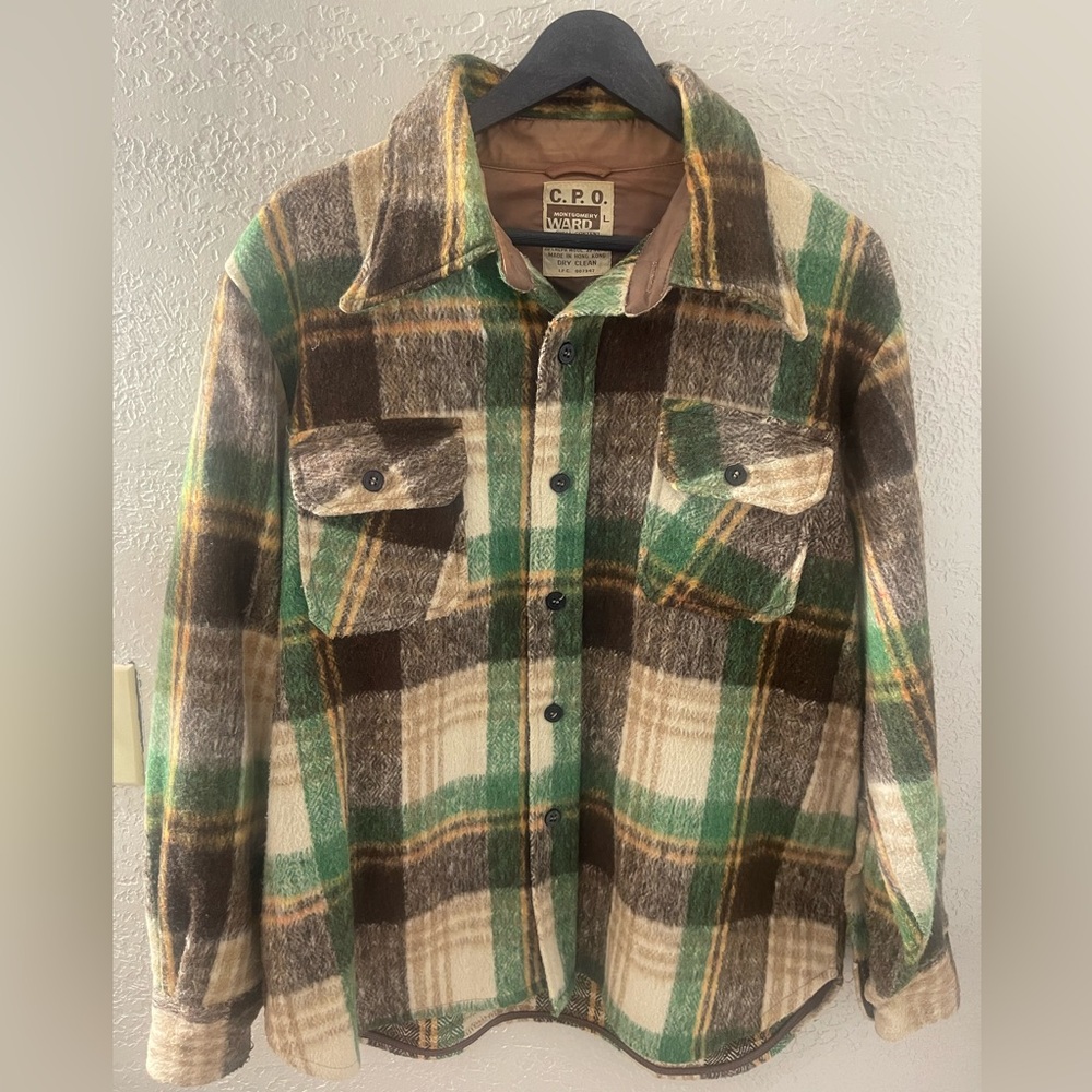 Vintage 70s Montgomery Ward Mens Wool Linen Plaid Flannel Shirt Jacket Large